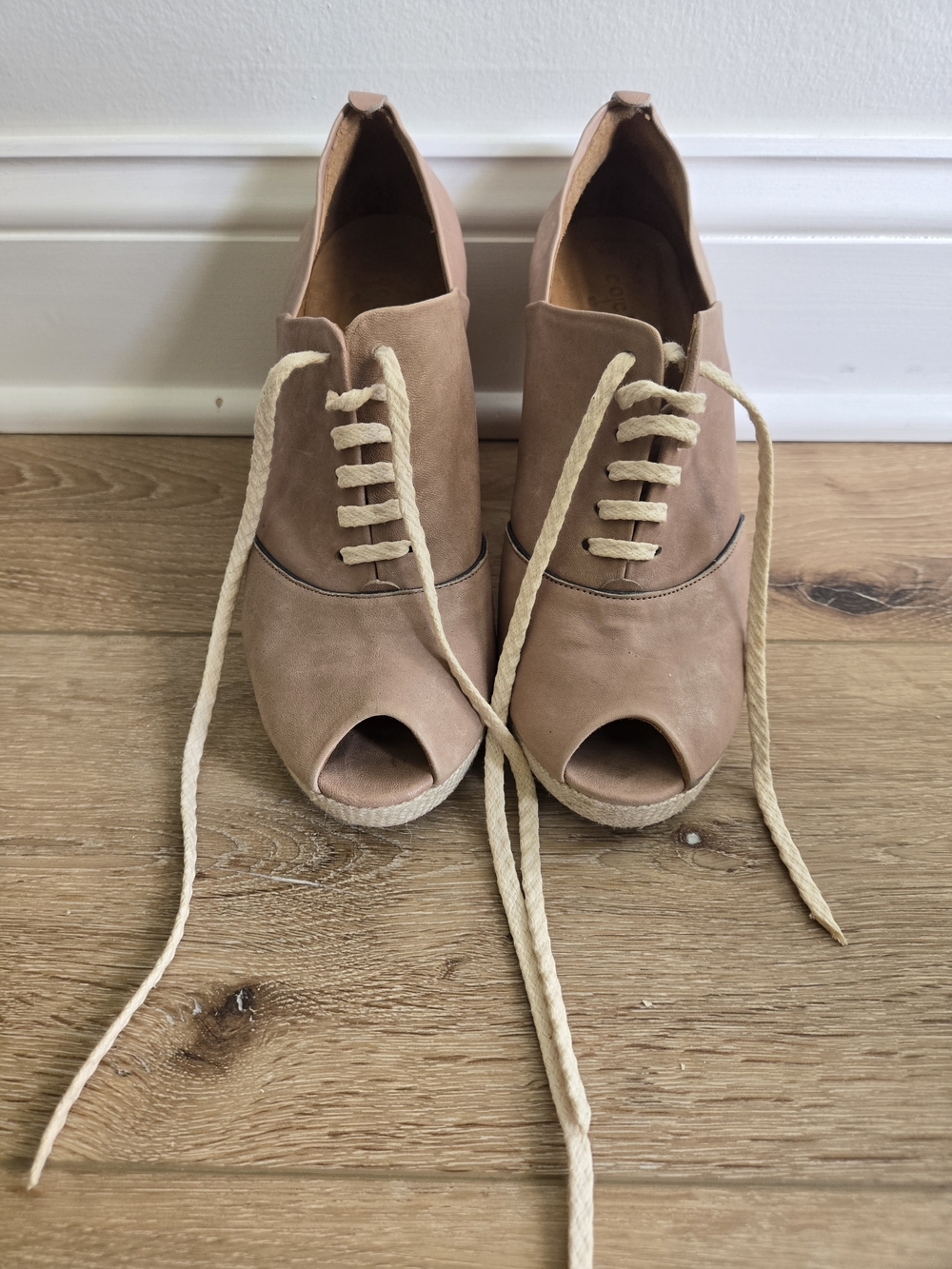Coclico Nude Pink Peep-Toe Wedge Lace-Up Boots